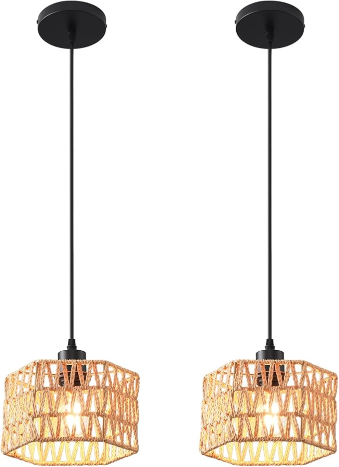 Woven Pendant Light Boho Chandelier, Rattan Pendant Lights Kitchen Island, Farmhouse Pendant Lighting with Hand Woven Wicker Shade, Boho Chandelier Light Fixtures Ceiling Hanging Light