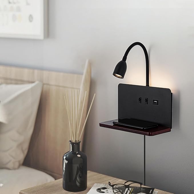 Bedside Wall Sconces with Wireless Charging Station & USB Charging, 3 Adjustable Color Temperatures LED Reading Light, 3000K Warm Ambient lighting Wall Mounted Sconce for Bedroom, Plug-in or Hardwired