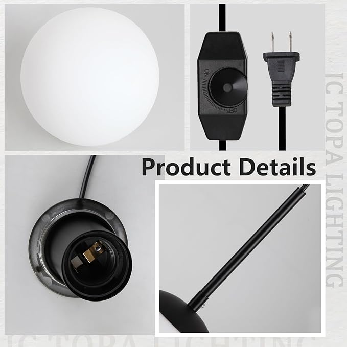 10” Plug in Globe Pendant Light Mid Century Modern Milk White Glass Globe Chandelier with 14.75ft Plug with Dimmable Switch for Bedroom Dining Room Kitchen Island, Black