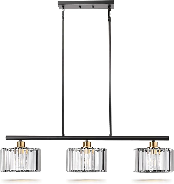 TALOYA Pendant Lights Kitchen Island Black and Gold, 3-Light Crystal Pendant Light Modern, Height Adjustable Chandelier Hanging Island Light Fixtures for Kitchen Dinning Room(Bulb Not Included)