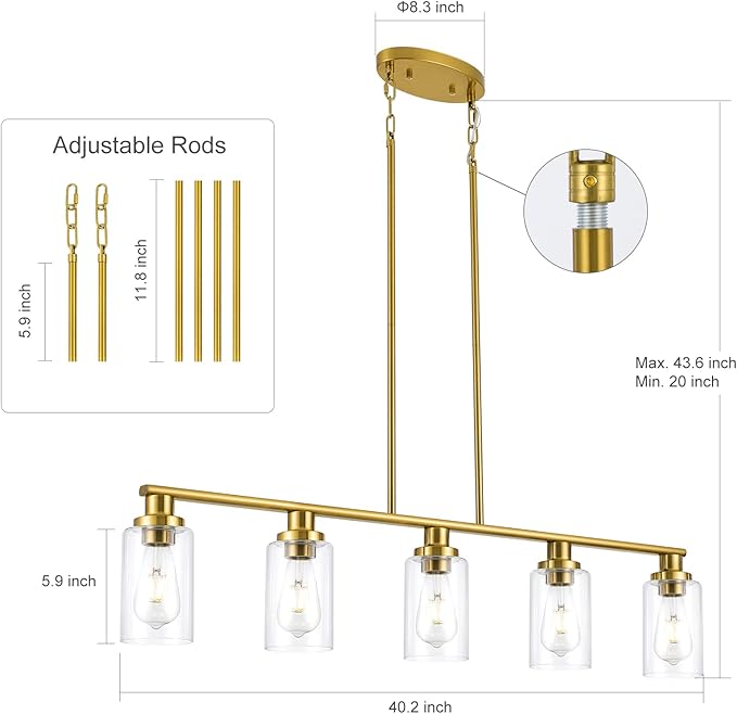 Kitchen Island Lighting, 5-Light Modern Dining Room Light Fixtures Over Table,Farmhouse Gold Linear Chandeliers for Dining Room, Industrial Pendant Lights Fixture with Clear Glass Shade