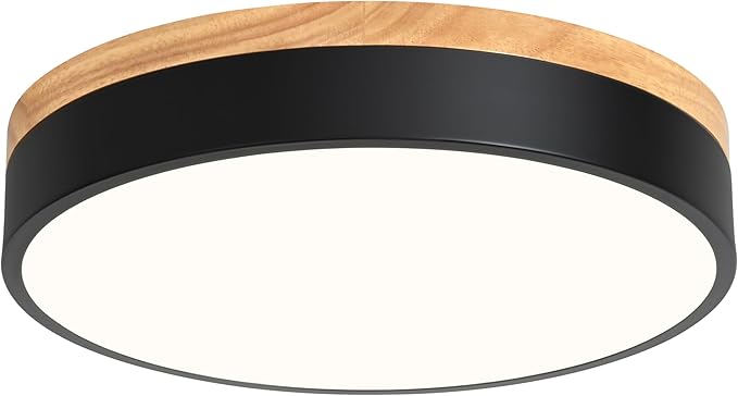 Yiisem Dimmable Wood LED Flush Mount Ceiling Light, 5CCT 2700K-6000K Modern Black Close to Ceiling Lighting Fixtures, Minimalist Round Ceiling Lamp for Bedroom, Kitchen, Hallway, Laundry Room