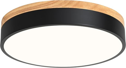 Yiisem Dimmable Wood LED Flush Mount Ceiling Light, 5CCT 2700K-6000K Modern Black Close to Ceiling Lighting Fixtures, Minimalist Round Ceiling Lamp for Bedroom, Kitchen, Hallway, Laundry Room