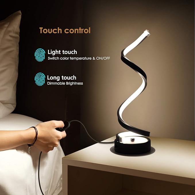 NUÜR Classic Spiral LED Table Lamp Black, Dimmable Metallic Bedside Lamp with Touch Controller, 3 Colour Temperature, 15.8 Inch Height, Contemporary, Decorative Lamp for Home, Living Room & Office