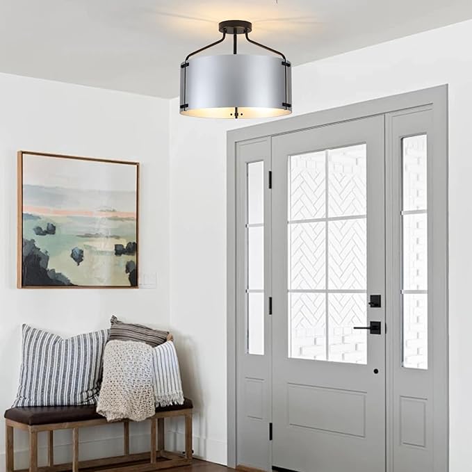 Kitchen Lighting Fixtures Ceiling,16''Silver Chandelier Light Fixture,Drum Bedroom Ceiling Lights,3-Light Close to Ceiling Light Fixtures for Farmhouse Hallway Porch Entryway