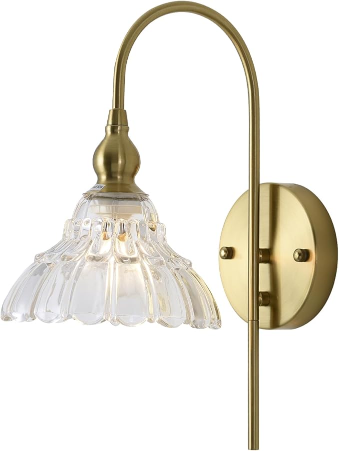 Vintage Wall Sconces with Clear Flower Glass Lampshade, Indoor Bath-Room Wall Sconce, Modern Gold Industrial Lighting Fixture for Mirror Living Room Hallway 1 Pack