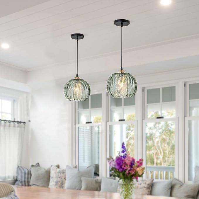 2 Pack Green Pendant Lights Kitchen Island, 8.6" Mid Century Modern Pendant Light Fixtures, Ribbed Glass Adjustable Farmhouse Hanging Lights for Dining Room Bedroom Hallway Entryway