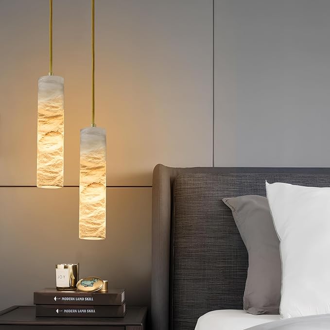Natural Alabaster Pendant Light Fixture, Modern Marble Kitchen Island Lamp, 9.8" x 2.4" Long Tube Alabaster Chandelier, Small Pendant Light for Bedroom, Dining Room, Living Room (E12 Bulb - 1 Pack)