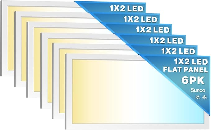 Sunco 6 Pack 1x2 LED Flat Panel Lights, Dual Selectable CCT 3500K/4000K/5000K & Selectable Wattage 16W/18W/20W, 2000 LM, Dimmable Triac, Back-Lit Drop Ceiling Troffer Replacement Light - ETL, FCC