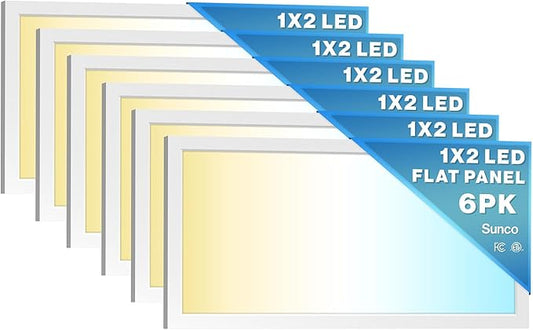 Sunco 6 Pack 1x2 LED Flat Panel Lights, Dual Selectable CCT 3500K/4000K/5000K & Selectable Wattage 16W/18W/20W, 2000 LM, Dimmable Triac, Back-Lit Drop Ceiling Troffer Replacement Light - ETL, FCC