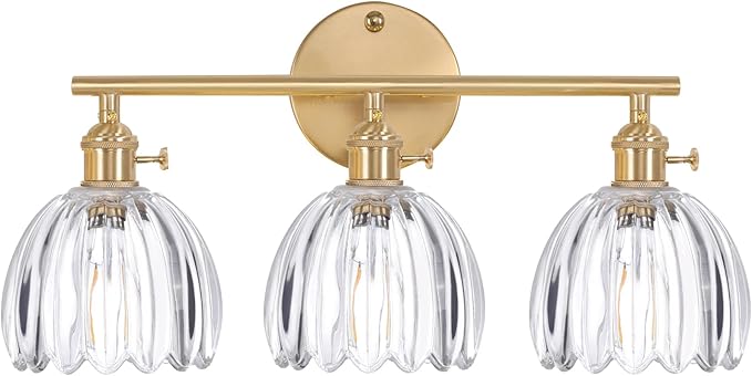 Shenmoyl Bathroom Light Fixtures, 3-Light Brass Vanity wall Light Over Mirror with Clear Tulip Glass Shade for Bedroom Living Room (Bulb Not Included)
