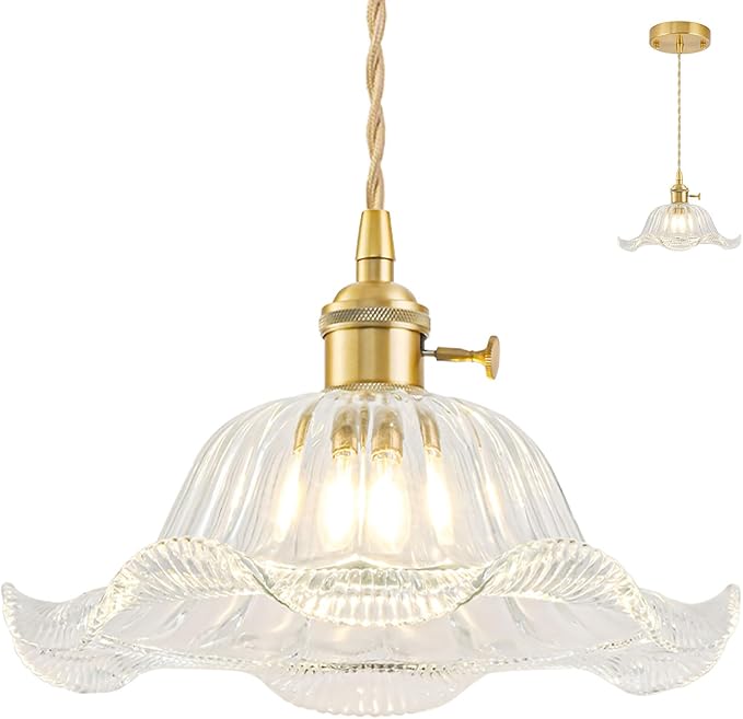 Vintage Pendant Lights Kitchen Island, Adjustable Brass Pendant Light Fixtures with Transparent Lily Glass Lampshade, Gold Kitchen Pendant Lighting Over Island, Pendant Light for Dining Room Hallway