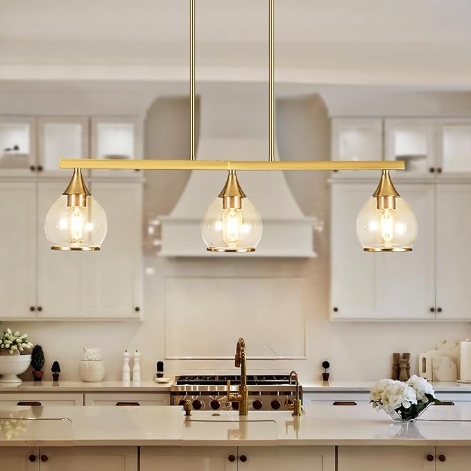 Island Light for Kitchen, 3-Light Gold Kitchen Island Linear Hanging Pendant Chandeliers, Brushed Gold Dining Room Light Fixture Over Table with Clear Round Glass Shades