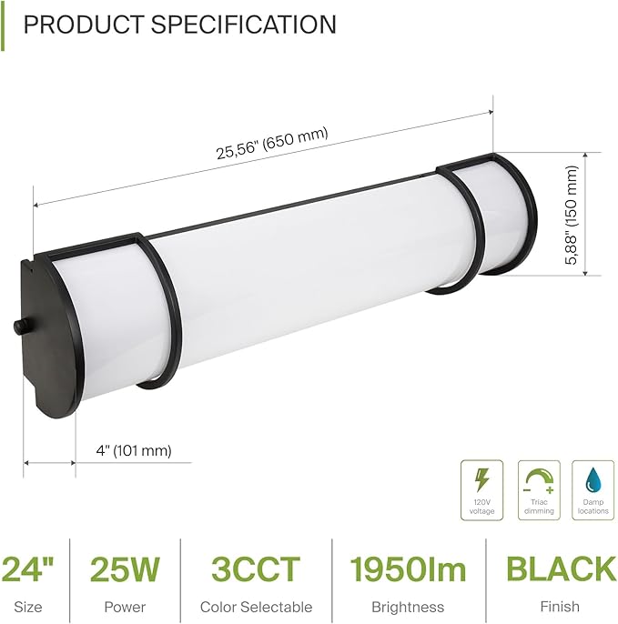ASD LED 24" Vanity Flush Mount Light Fixture, Linear Bathroom Lighting Bar | 3CCT, Dimmable, Energy Star, ETL Listed | 25W 1950LM 3000-5000K 120V | Long Bath Wall Sconce Over Mirror | Black, 4 Pack