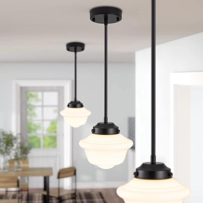 Set of 3 Schoolhouse Pendant Light, 8" Farmhouse Black Pendant Light Ceiling, Milk Glass Lamp, Modern Black Kitchen Over Island for Dinning Room Living Room