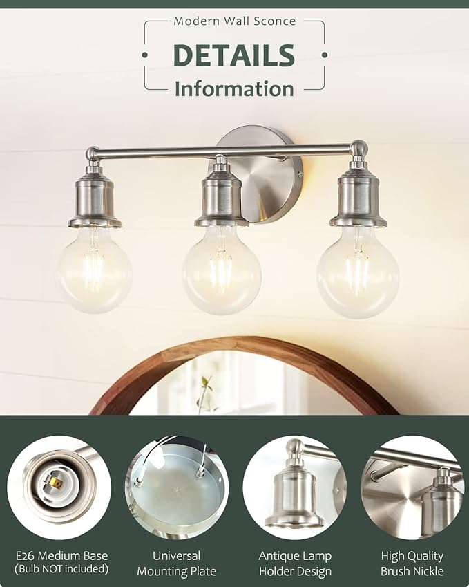 3-Light Vanity Light Fixture, Modern Brushed Nickel Wall Sconce Light Fixture, Farmhouse Silver Bathroom Wall Lighting for Over Mirror, E26 Base Wall Lamp for Bedroom (Bulb Not Included)
