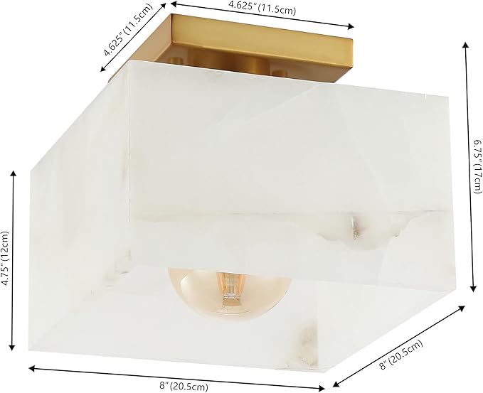 JONATHAN Y 8" White Marbling/Brass Gold Modern 1-Light Semi Flush Mount Ceiling Light for Bedroom, Cube White Alabaster Marble Shade, Mid-Century Minimalist Fixture, LED Bulb Included (JYL1203A)