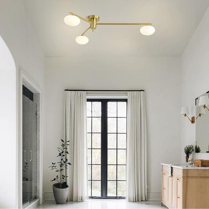 3-Light Flush Mount Sputnik Ceiling Light Fixture,Gold Brass Chandelier Mid Century Modern,Family Dining Table Lighting,Bedroom Kitchen Island Living Room MCL03-GD