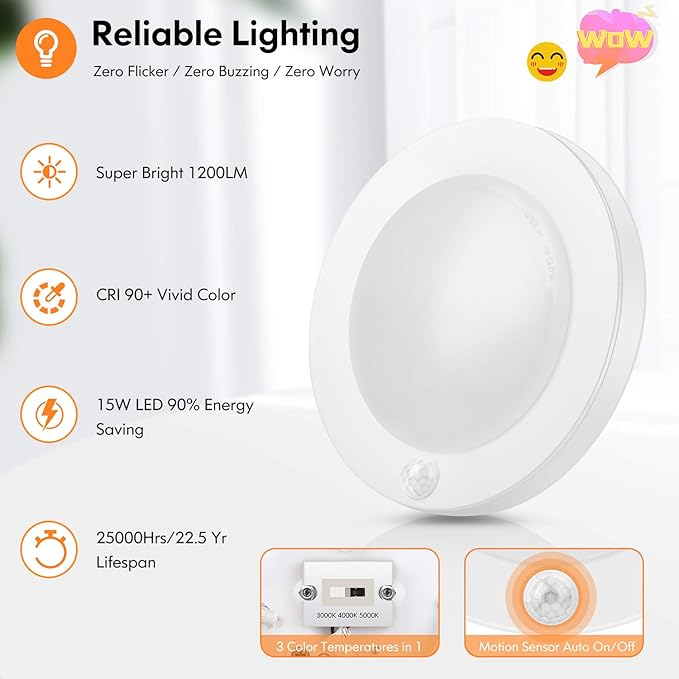 Brightever Motion Sensor LED Ceiling Lights, 1200LM & 15W(100W Equivalent), 3000K/4000K/5000K Selectable, 7.5inch Flush Mount Lighting Fixture for Indoor, Stairs, Pantry, Closet, Pack of 4, White