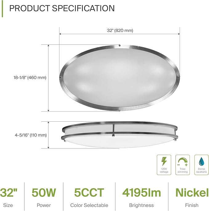 ASD LED 32" Oval Flush Mount Lighting, Close to Ceiling Light Fixture | 5CCT, Dimmable, ETL Listed | 50W 4195LM 2700-5000K 120V | Low Profile Double Ring Lamp | Nickel, 2 Pack