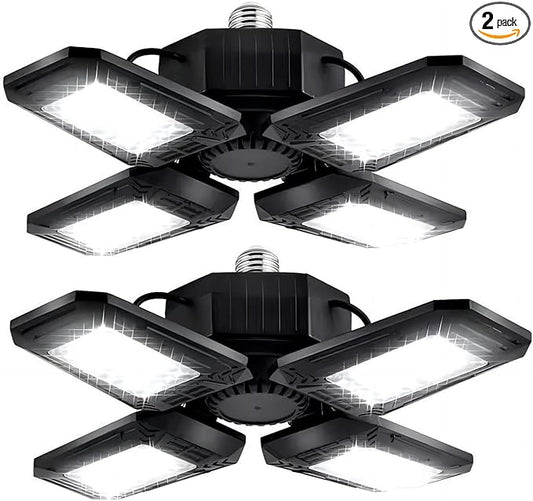 Deformable LED Garage Lights - 12000 Lumen 6500K Daylight 120W, Four Leaf Garage Organization Ceiling Lighting, Pack of 2