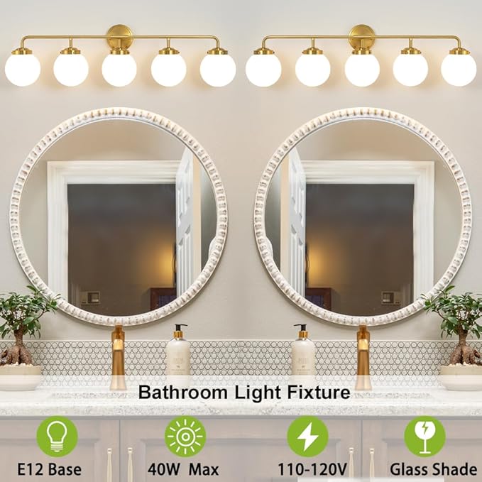 Bathroom Light Fixtures Gold Vanity Lights Over Mirror, Modern Wall Sconce Lighting 5-Light with White Glass Globe Shade