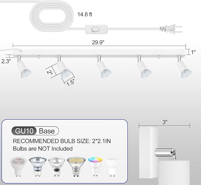 Plug-in Track Lighting, LED Track Lighting Fixtures Ceiling Kit, 30" White Plug in Wall Light with 14.8ft Cord, 3-Light Ceiling Spotlight,Rotatable Kitchen Light Head for Bedroom Hallway(GU10,NO Bulb)