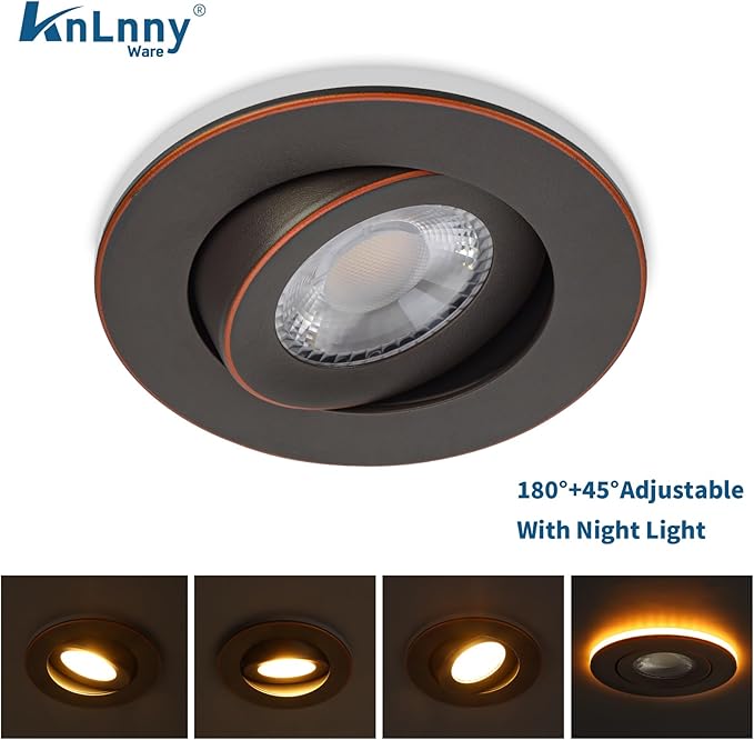 KnLnny Ware Oil Rubbed Bronze Recessed Lighting 4 Inch with Night Light 6 Pack,Gimbal Led Lights with Junction Box,5CCT Selectable,9W 750LM,Dimmable