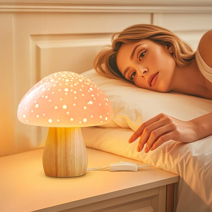 BOHON Mushroom Lamp, Ceramic Bedside Table Lamp for Bedroom Nightstand, Vintage Cute Night Light, Small Lamp for Living Room Kids Desk Home Decor Girls, LED Bulb Included, Pink