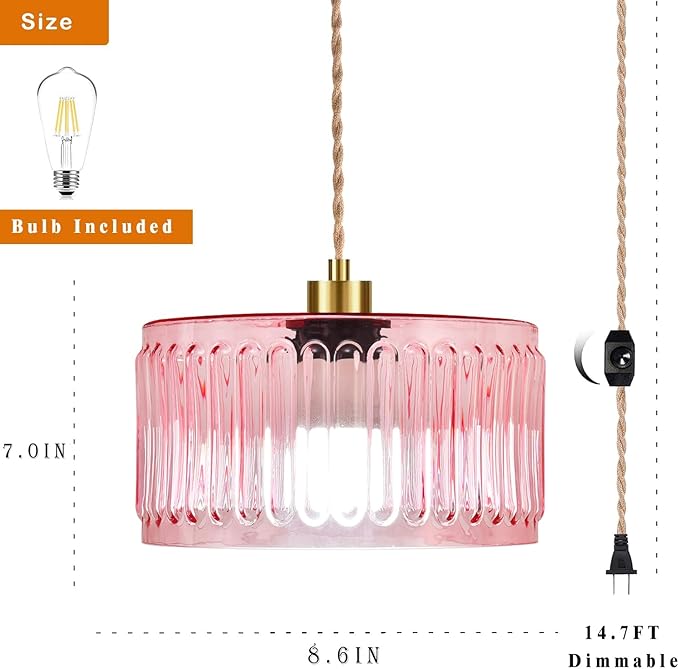 QIYIZM Pink Plug in Pendant Light Glass Hanging Lights with Plug in Cord Boho Hanging Lamp Gold Mid Century Modern Vintage Dimmable Flower Plug in Chandelier Ceiling Fixture for Living Room,Bedroom