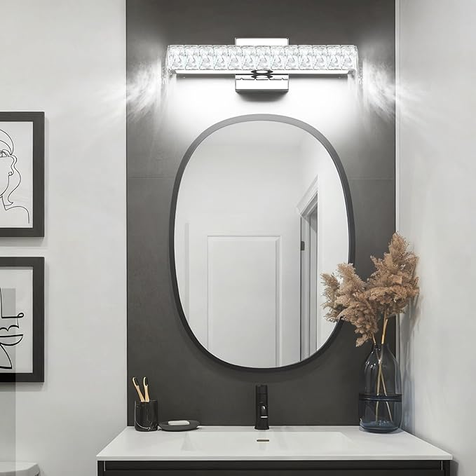 SOLFART Crystal Bathroom Vanity Lights Over Mirror, Chrome Bathroom Light Fixture, 16.5 Inch LED Lights for Bathrooms Vanity Lights for Bath Chrome