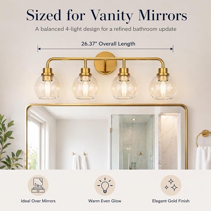 DORESshop Built to Last 20 Years Bathroom Light Fixtures, 4-Light Vanity Lights Over Mirror, Gold Wall Lamp with Clear Glass for Living Room Decor Bedroom Porch Cabinet