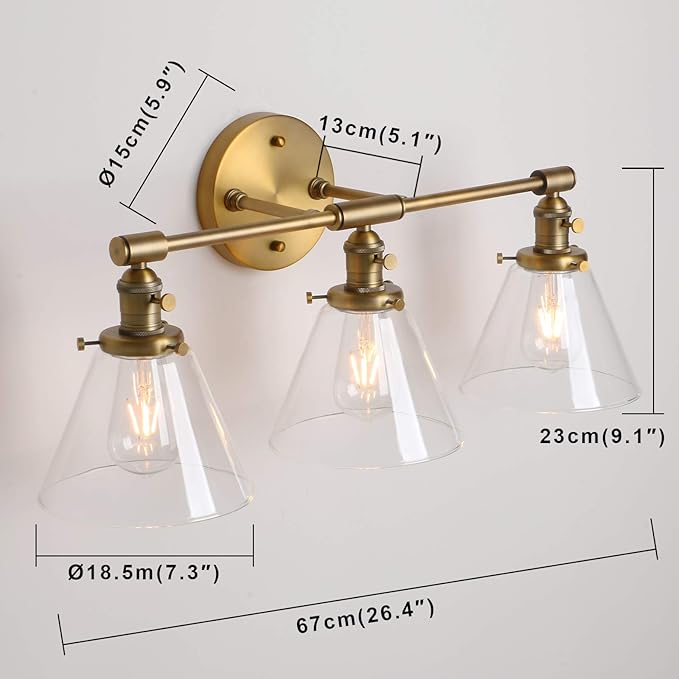 Permo Vintage Industrial Antique Three-Light Wall Sconces with Funnel Flared Clear Glass Shade (Antique)