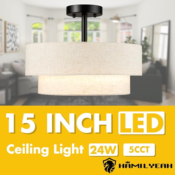 Hamilyeah Semi Flush Mount Ceiling Light Fixture 15 inch, 24W LED Ceiling Light with Double Layer Fabric Shade, Dimmable Drum Light Fixtures Ceiling Semi Flush Mount 5CCT for Kitchen, Living Room