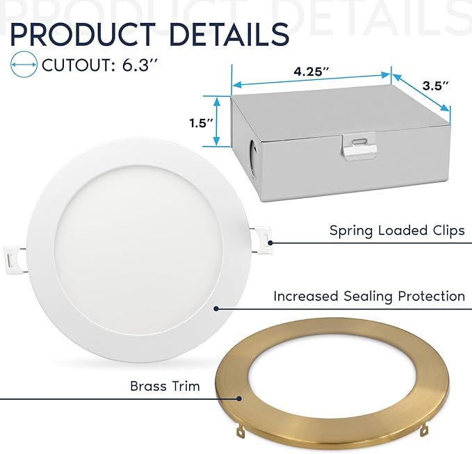 LUXRITE 6 Inch Ultra Thin LED Recessed Light with J-Box, 12W, 5 Color Options 2700K | 3000K | 3500K | 4000K | 5000K, Dimmable Wafer Light, 1000 Lumens, Brass Trim, Energy Star, IC Rated (4 Pack)