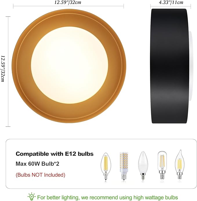 Vikaey Modern Mid Century Flush Mount Ceiling Light, 2-Light Minimalist Round Light Fixture, Black and Gold Drum Ceiling Lamp with Glass Lampshade for Bedroom, Hallway, Kitchen, 12.5in