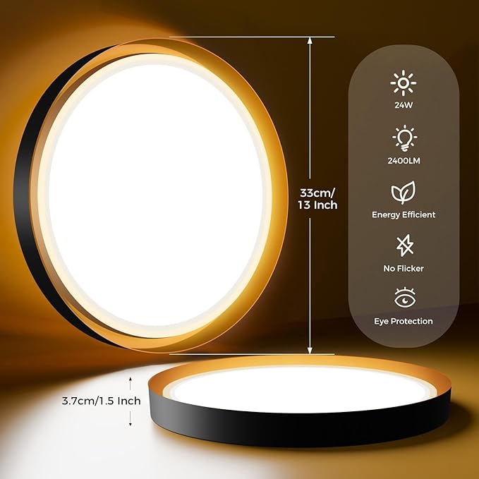 zemty 13in Morden Black LED Flush Mount Ceiling Lights with Remote, 3CCT/Dimmable, 24W 2400LM Light Fixture with Amber Night Light for Bedroom Bathroom Kitchen Basement-2 Pack
