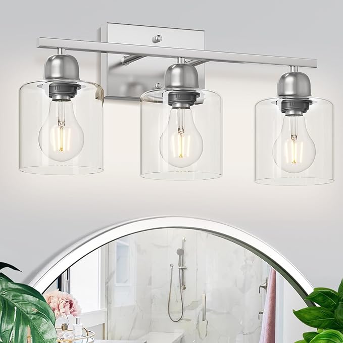 Modern Brushed Nickel 3 Light Bathroom Light Fixtures,19 inch Vanity Lights for Bathroom with Clear Glass Over Mirror for Mirror Kitchen Living Room