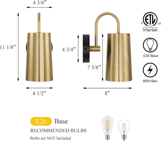 XiNBEi Lighting Wall Sconce Black Gold Bathroom Light Fixture with Cone Iron Shade, Modern Hardwired Sconce Lights Indoor Wall Lamp for Bedroom Bathroom Hallway XB-W430-BS