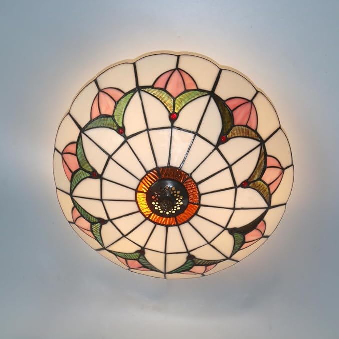 Tiffany Style Ceiling Light 16 Inch Stained Glass Flush Mount Ceiling Light for Bedroom Chandelier Vintage Pendent Light Fixtures (16 Inch White Pink)