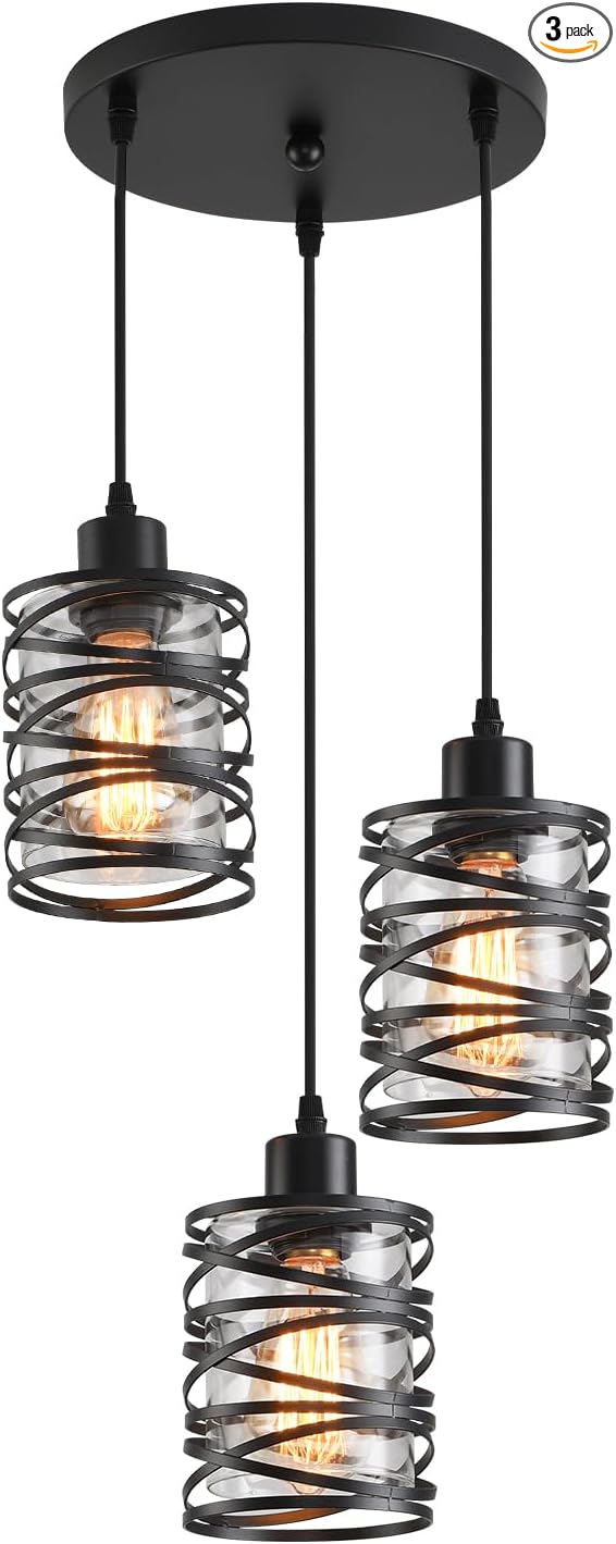 3 Light Pendant Lights Kitchen Island Black Pendant Light Fixtures Spiral Iron Kitchen Island Lighting with Clear Glass Shade Adjustable Hanging Light Fixtures