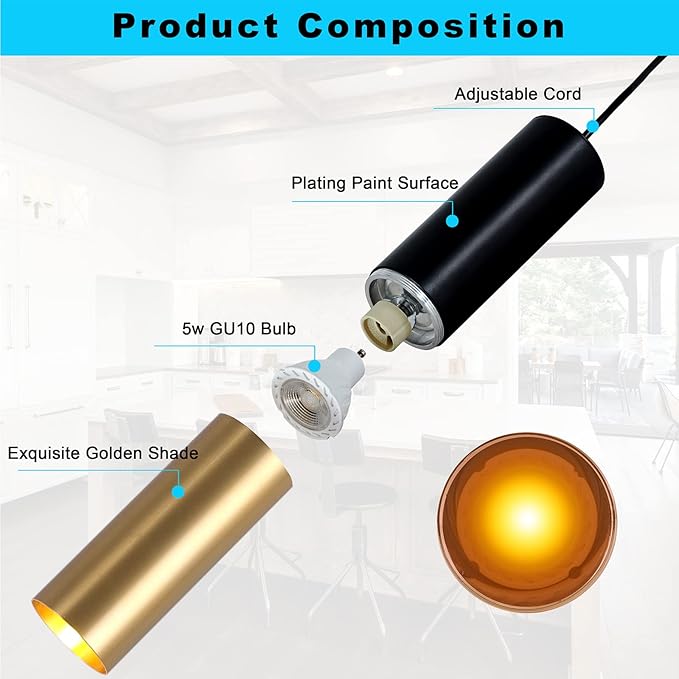 Modern Pendant Light Fixture Kitchen Island,1-Light Black Gold GU10 Hanging Light Cord Adjustable Cylinder Pendants Lamp for Livingroom Bedroom Diningroom 1-Pack