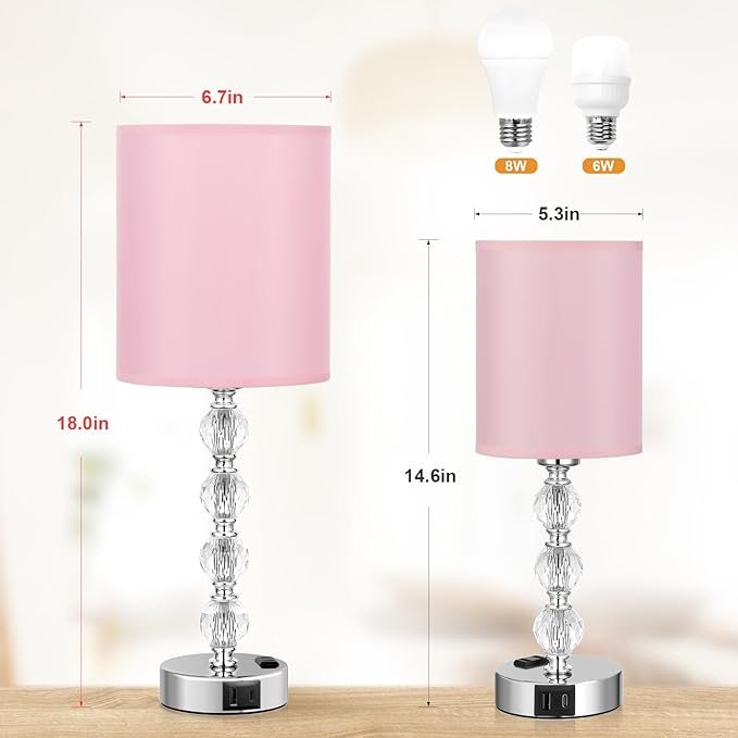 Acaxin Touch Bedside Crystal Lamps for Bedrooms Nightstand with USB C+A Charging Port and AC Outlet White, 3 Way Dimmable Silver Large End Side Table Lamp for Living/Guest/Dinning Room/Kitchen
