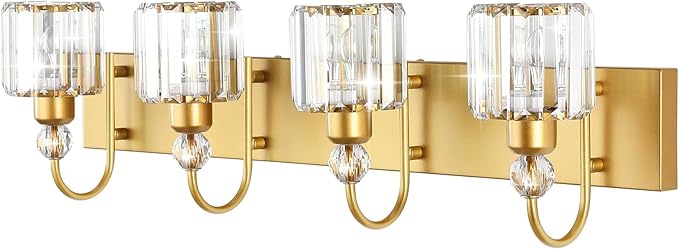 Ralbay Gold Vanity Lights 4-Lights Gold Crystal Bathroom Vanity Lights Over Mirror Modern Crystal Bathroom Wall Lighting Fixtures