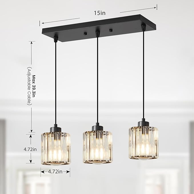 3 Light Pendant Lighting for Kitchen Island, Black Hanging Light Fixture for Ceiling, Farmhouse Dining Room Lights for Bedroom, Hallway, Modern Glass Chandelier, E26 Base, Bulbs Not Included