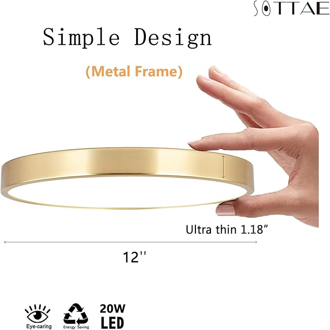 SOTTAE 12 Inch Brushed Gold Metal Flush Mount LED Ceiling Light, 3000-5000K 20W Thin Round Modern Low Profile Ceiling Light Fixtures for Bedroom, Living Room, Kitchen, Entryway, Bathroom