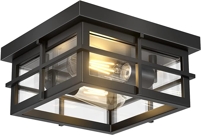 Asnxcju Modern Outdoor Ceiling Light Fixtures, 2-Light Black Flush Mount Light Fixtures with Clear Glass Shade, Farmhouse Square Ceiling Lighting for Porch Bathroom Kitchen (Bulbs Not Included)