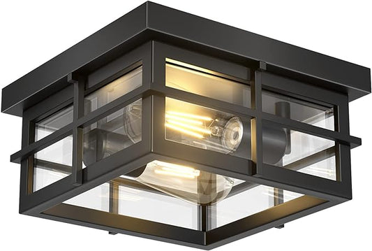 Asnxcju Modern Outdoor Ceiling Light Fixtures, 2-Light Black Flush Mount Light Fixtures with Clear Glass Shade, Farmhouse Square Ceiling Lighting for Porch Bathroom Kitchen (Bulbs Not Included)