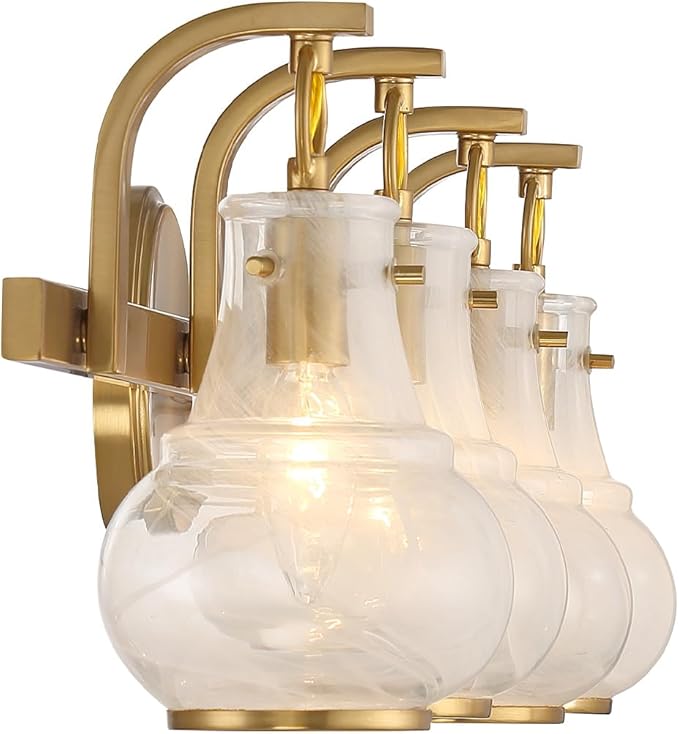 Savoy House 8-4417-4-322 Adams Modern Vintage Traditional White Strie Glass Bathroom Vanity Wall Light, 4-Light 240 Total Watts, 9" H x 32" W, Warm Brass