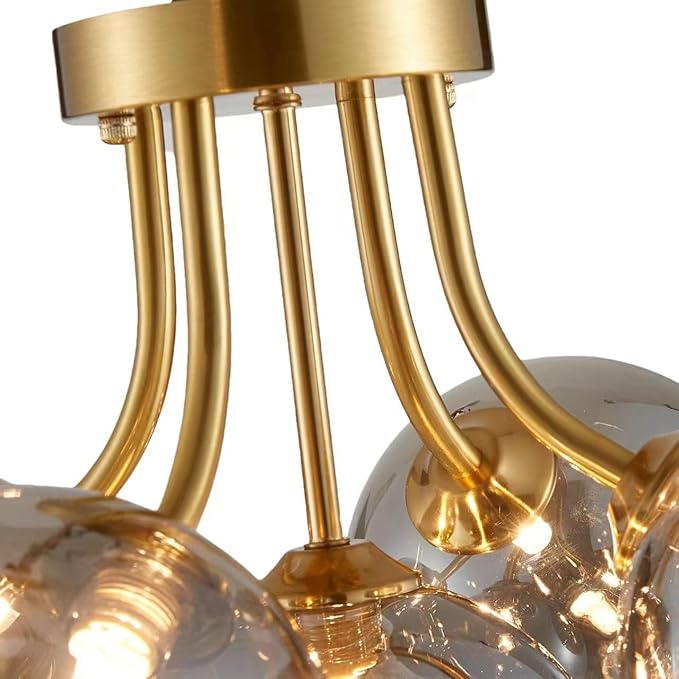 Gold Bubble Glass Chandelier 5-Light, Glass Sputnik Flush Mount Ceiling Light for Living Room, D16'' x H12'', G9*5 Sockets, Globe Bubble Light Chandelier with Grey Ball Smooth Shade